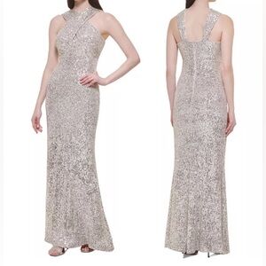 Eliza J Petite Champagne Sequins Halter Gown Size 6P